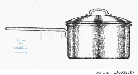 Hand Drawn Vintage Vector Illustration of Saucepan Cooking Pot Kitchen Utensil Not AI Generated Hand Drawn Vintage Vector Illustration of Saucepan Cooking Pot Kitchen Utensil Not AI Generated 130932597
