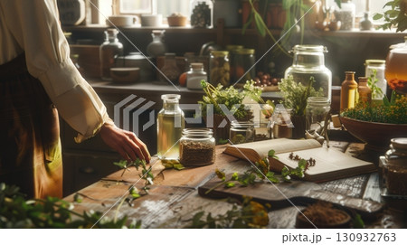 Home kitchen set up for preparing herbal remedies 130932763