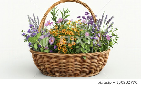 Herbs And Flowers In A Wicker Basket 130932770