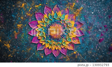 Intricate Mandala Pattern Made From Holi Powde Intricate Mandala Pattern Made From Holi Powde 130932793