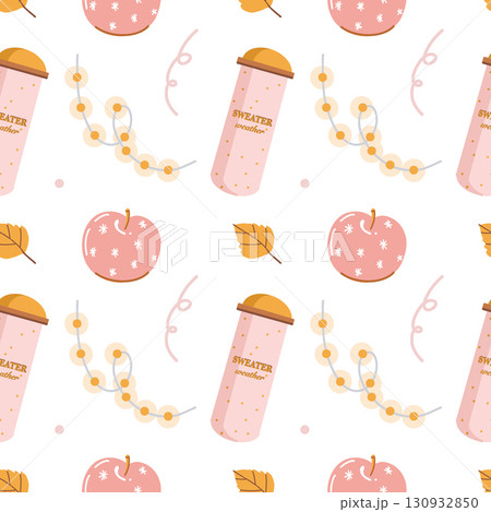 Seamless vector pattern with autumn leaves, a garland, an apple, and a thermos in delicate pink and beige tones on a white background. Suitable for fabric and fall decor. Suitable for girls and women 130932850