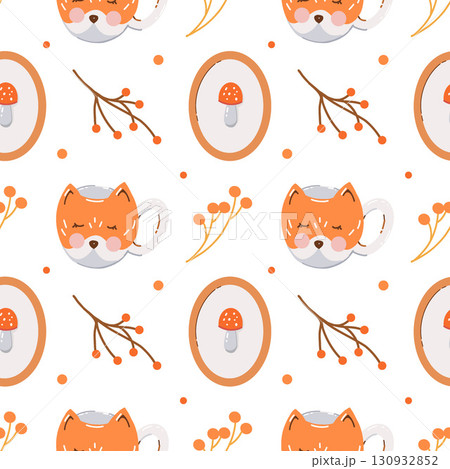 A cute autumn vector pattern with a fox mug, mushroom frames, forest branches, and berries. A cozy seamless background. Flat illustration in warm tones on a white background. 130932852