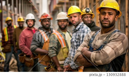 Workers At A Construction Site Wearing Hard Hats 130932888