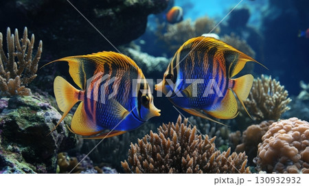 School Of Fish Swimming In The Deep Sea 130932932