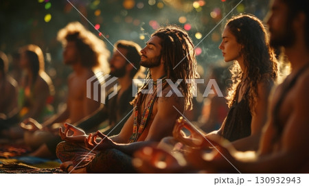 People Meditating In A Hippy Festival 130932943
