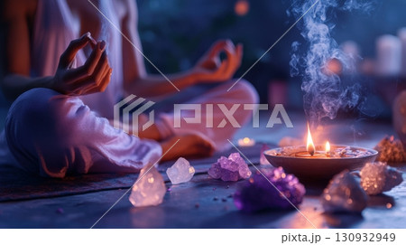 Person Meditating With Crystals And Incense 130932949