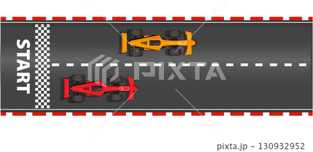 Race road Start and finish top view asphalt track with racing cars, sport speedway racetrack, competition roadway. border red and white. 130932952