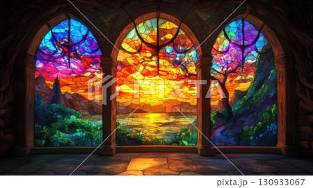 Stained glass in a whimsical, fantastic style 130933067