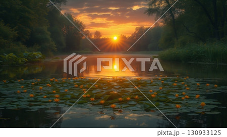 Golden sunlight piercing through mist over a lily-covered lake at dawn 130933125