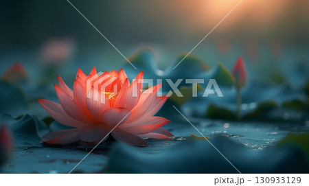 Bright orange lotus flower bathed in soft light, surrounded by dark leaves on a serene water surface 130933129