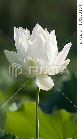 Large white lotus flower, with its petals fully opened, rises elegantly against a backdrop of green foliage 130933158