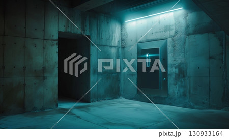 Dimly lit, gritty concrete corridor with an elevator on the right, highlighted by a horizontal blue light above the door 130933164