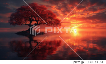 Sunset over the sea, a vibrant sunset casts a red hue over a solitary tree on a small island, mirroring tranquility in the water's reflection Sunset over the sea, a vibrant sunset casts a red hue over a solitary tree on a small island, mirroring tranquility in the water's reflection 130933181