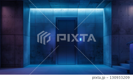 Modern elevator luminous blue ceiling walls concrete walls sci-fi obivion 130933209