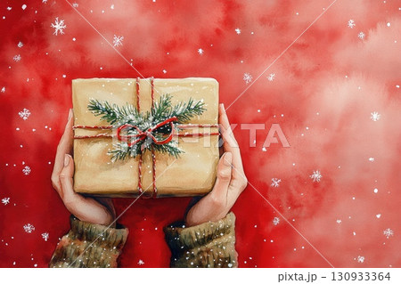 Watercolor christmas hands holding gift box Watercolor christmas hands holding gift box 130933364