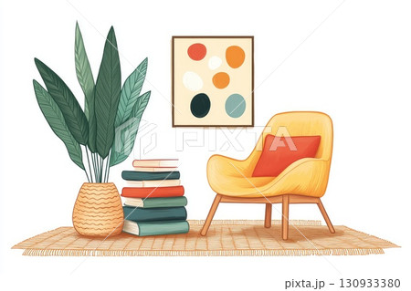 Cozy interior with chair books and plant illustration 130933380
