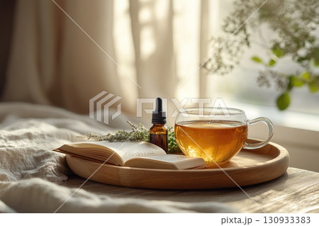 Cup of tea with book and herbal dropper on cozy tray Cup of tea with book and herbal dropper on cozy tray 130933383