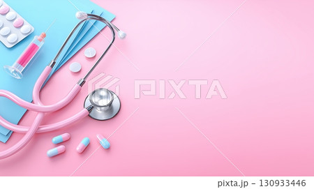 Medical tools and medication on a pink background, symbolizing healthcare and wellness. 130933446
