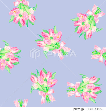 Seamless watercolor pattern with hand drawn tulip bouquet with pink ribbon. 130933485