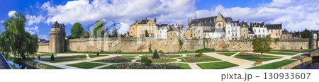 Impressive Hermine Castle in Vannes, a historic monument in old town centre, view with majestic gardens. Brittany, France Impressive Hermine Castle in Vannes, a historic monument in old town centre, view with majestic gardens. Brittany, France 130933607