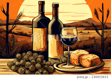 Indulge in elegance with this stylish artwork featuring wine, cheese, and grapes 130933653