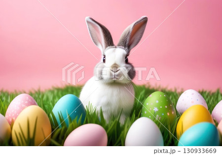 Adorable bunny surrounded by colorful Easter eggs in a lush green field with a pastel pink background 130933669