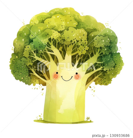 Adorable cartoon broccoli tree with a smiley face, perfect for kids illustrations and nature-themed projects. 130933686