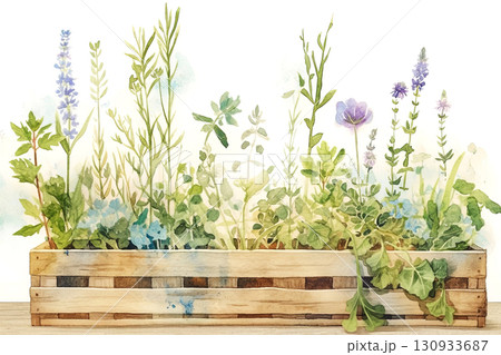 Experience the serene beauty of nature with this watercolor depiction of a quaint wooden planter 130933687
