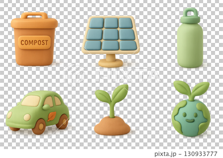 Eco icon set with compost bin, solar panel, water bottle, car, plant, and Earth. Isolated on transparent background 130933777