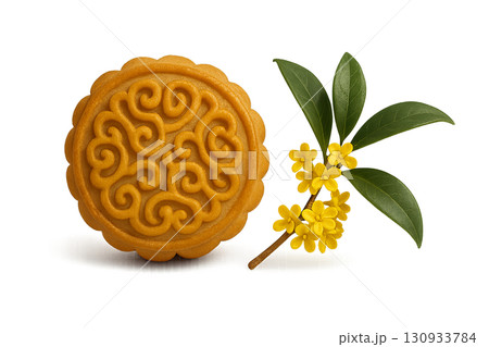 Mooncake with yellow flowers for mid autumn festival, isolated on transparent background 130933784