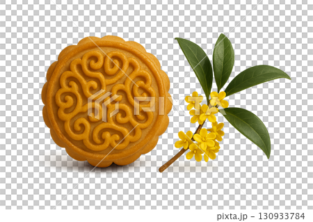 Mooncake with yellow flowers for mid autumn festival, isolated on transparent background 130933784