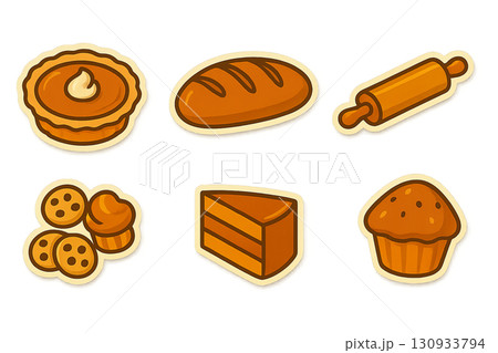 Autumn baking icons set with pie, bread, rolling pin, cookies, cake, muffin. Isolated on transparent background 130933794