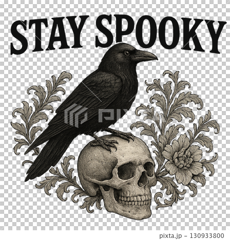 Halloween gothic grunge theme with crow on skull, spooky design. Isolated on transparent background 130933800