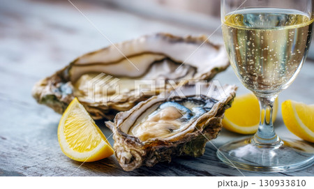 Fresh oysters on the half shell with lemon wedges and a glass of sparkling wine, an exquisite seafood presentation 130933810