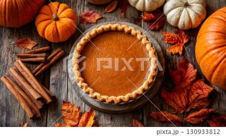 A golden-crusted whole pumpkin pie topped with cinnamon sticks and autumn leaves, a traditional autumn dessert 130933812