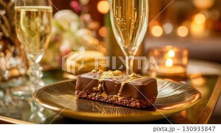 A luxurious chocolate dessert with gold decor and champagne, an elegant celebration 130933847