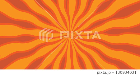 Psychedelic Halloween background with orange sunburst rays and groovy wavy lines. Retro abstract vector pattern, perfect for party posters, packaging, fabric, and seasonal graphic designs 130934031