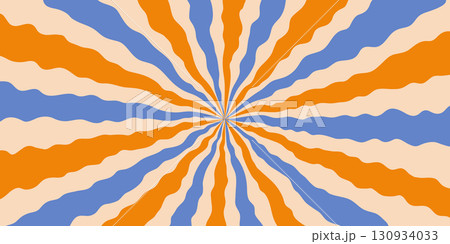Psychedelic abstract background with wavy orange, beige, and blue rays radiating from the center. Groovy retro pattern with vibrant colors, perfect for posters, textiles, packaging, and creative 130934033