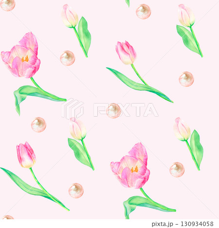 Watercolor tulips and pearls seamless pattern, spring flowers golden pearls hand drawn. Suitable for design, printing. Watercolor tulips and pearls seamless pattern, spring flowers golden pearls hand drawn. Suitable for design, printing. 130934058