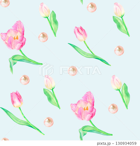 Watercolor tulips and pearls seamless pattern, spring flowers golden pearls hand drawn. Suitable for design, printing. Watercolor tulips and pearls seamless pattern, spring flowers golden pearls hand drawn. Suitable for design, printing. 130934059