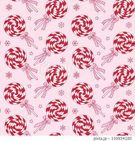 Cute Pink lollipop seamless pattern. Coquette Christmas background with snowflakes and bows. Whimsical contour vector xmas background. 130934180