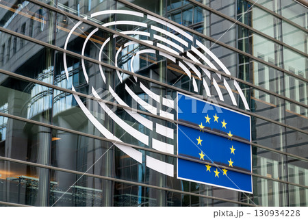 Glass facade of European Parliament building in the European Quarter of Brussels, Belgium 130934228