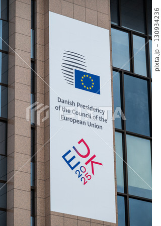 The Council of the European Union building with a banner promoting the Danish Presidency of the EU in Brussels, Belgium 130934236
