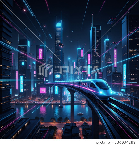 Futuristic train in a neon cyberpunk city at night. 130934298