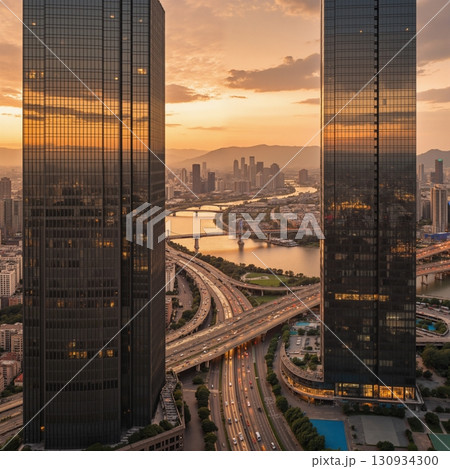 Aerial view of a modern cityscape at sunset. Skyscrapers framing a highway and river. Urban development concept. 130934300
