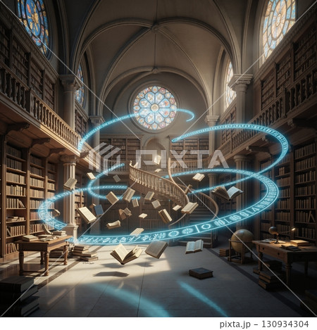 Magical library with floating books and a glowing arcane spell. Fantasy knowledge and sorcery concept. Magical library with floating books and a glowing arcane spell. Fantasy knowledge and sorcery concept. 130934304