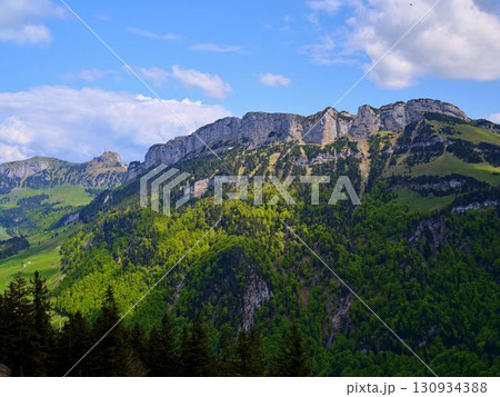 Majestic mountain view with lush greenery and blue sky in a peaceful landscape during daytime 130934388
