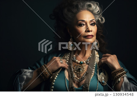 senior woman graces with silver hair with colorful necklaces 130934548