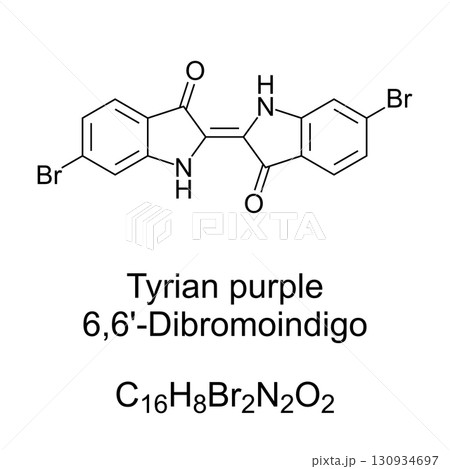 Tyrian purple, 6,6-Dibromoindigo, chemical formula and molecular structure. Organic compound and deep purple solid. Dye of historical significance, that is produced by snails of the family Muricidae. 130934697