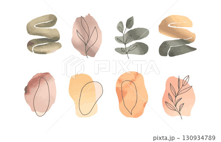 Elegant watercolor leaves and stones artwork showcasing natural beauty in soft earth tones 130934789